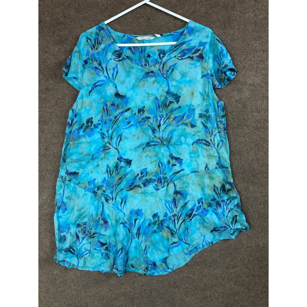Soft Surroundings XL Tunic Top Blue Floral Print Rayon Short Sleeve